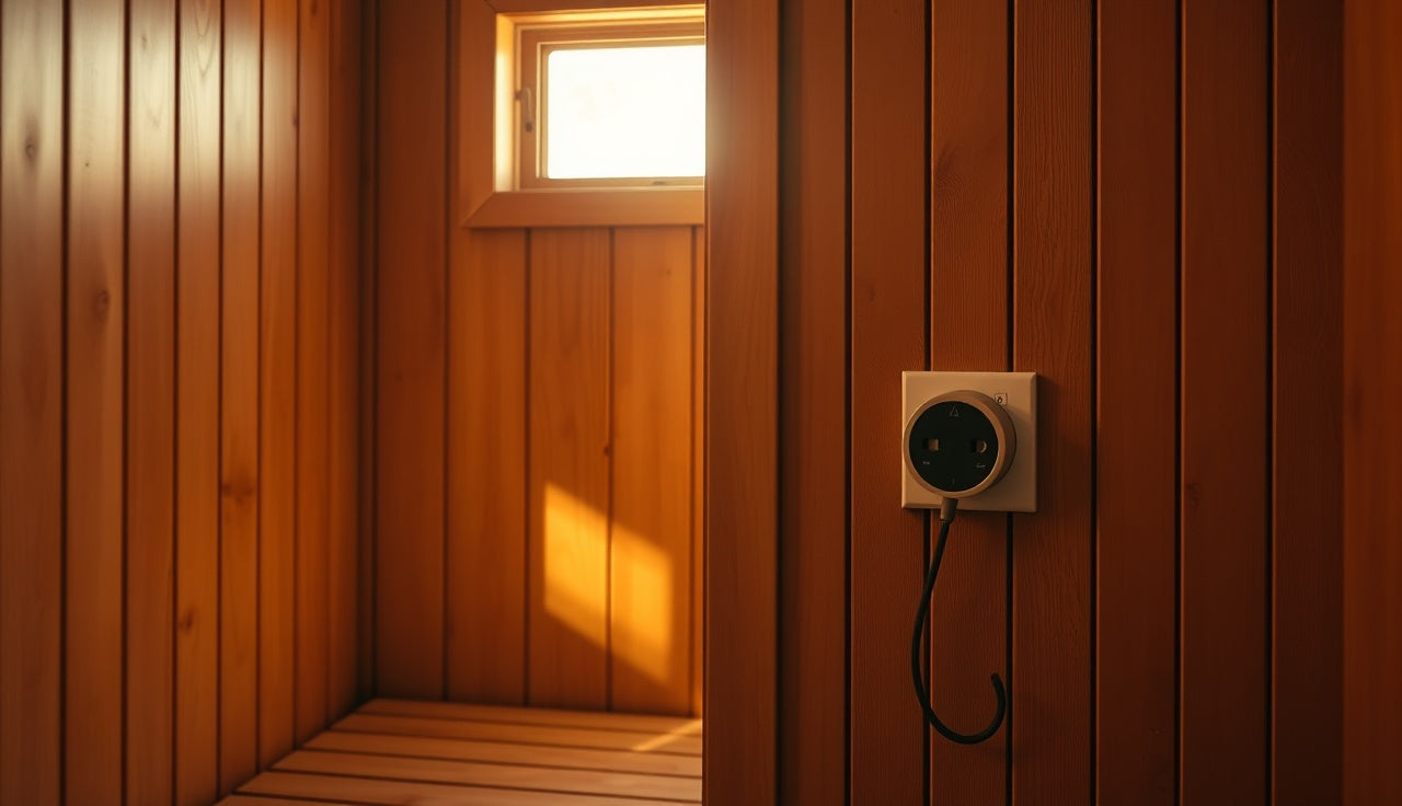 Mechanical preheat timer plugged in outside a cedar home sauna door at dawn