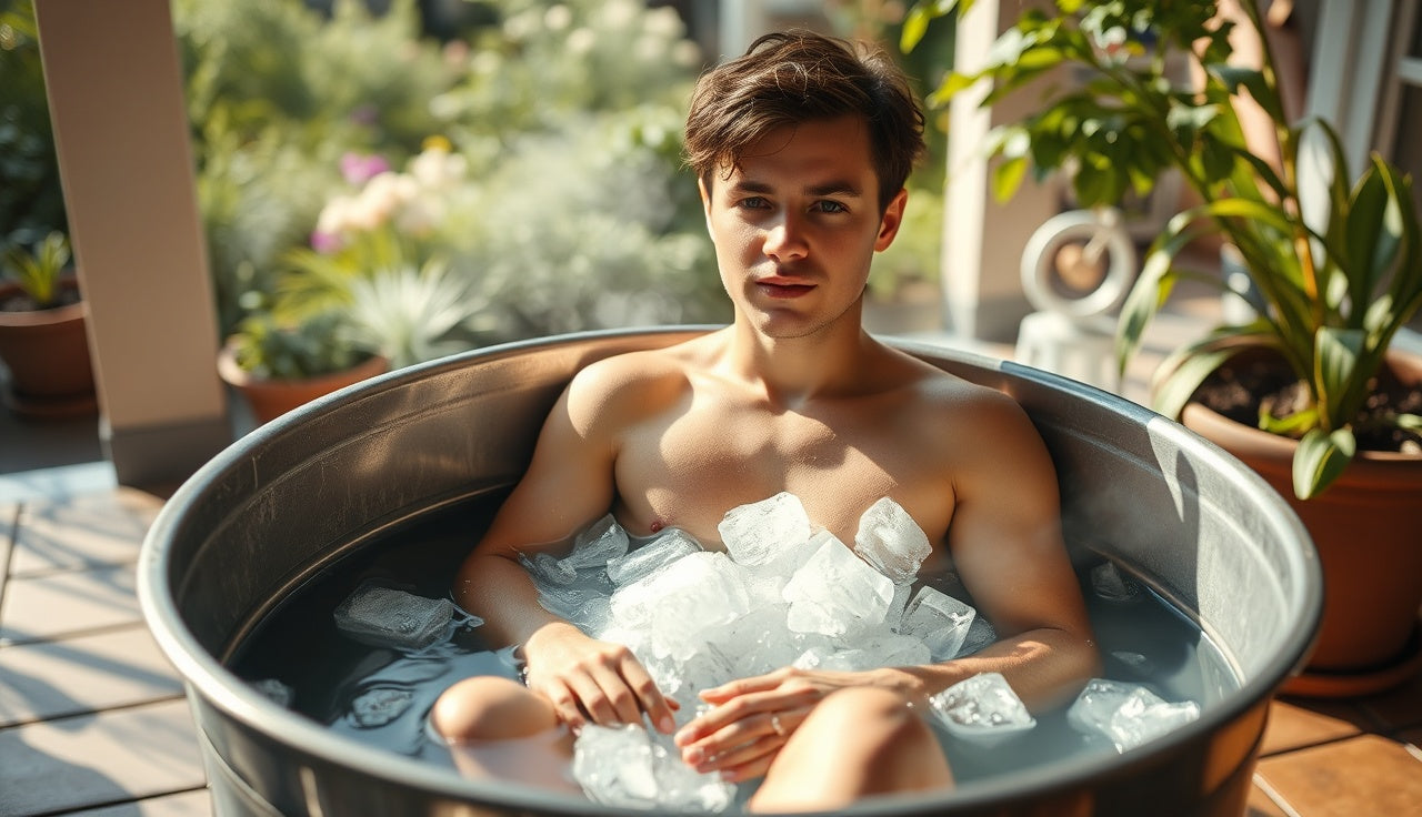 Person sitting in an ice bath cold plunge tub outdoors in morning light