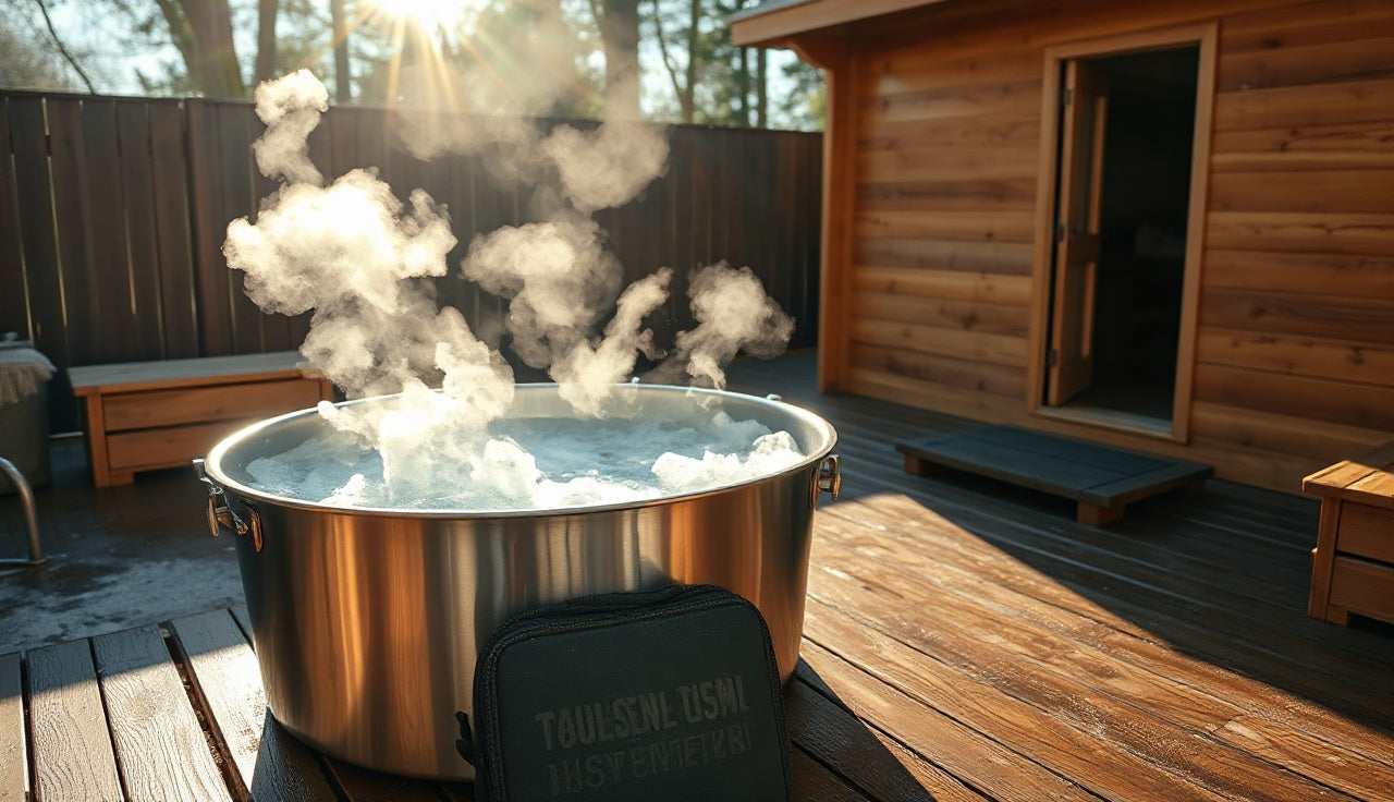 Stainless steel cold plunge tub beside outdoor sauna in morning light