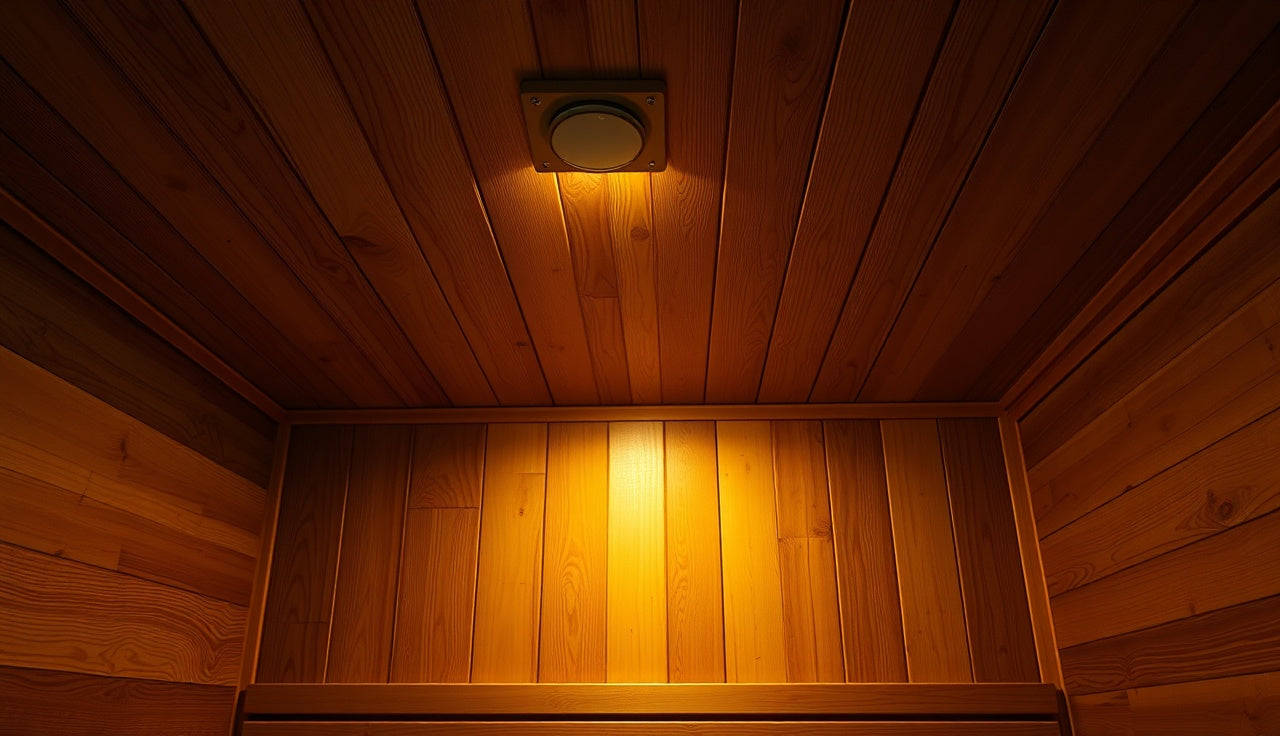 Moisture bead on cedar sauna ceiling panel above a wooden bench