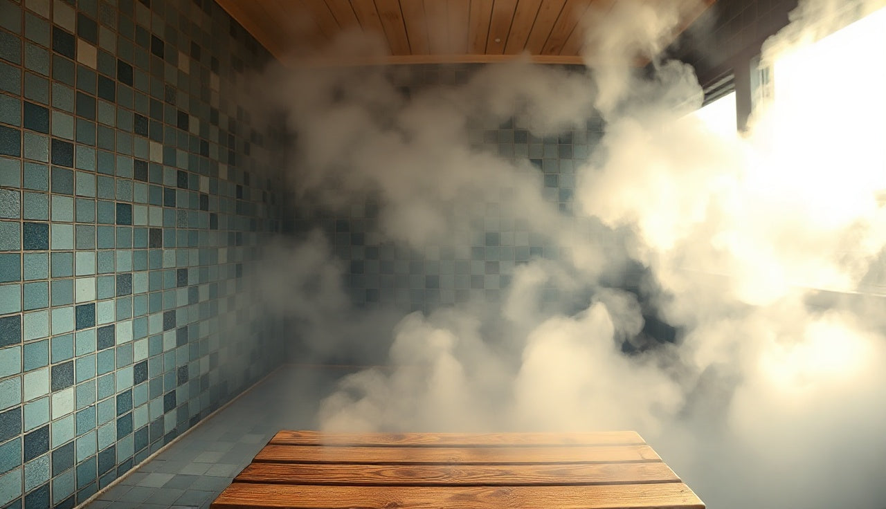 Dense steam filling a tiled steam sauna room with wooden bench