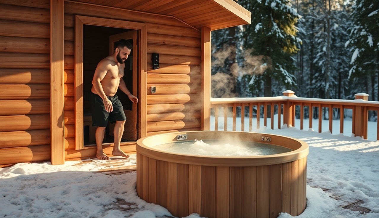 Man moving between outdoor cedar sauna and cold plunge tub in winter contrast therapy session