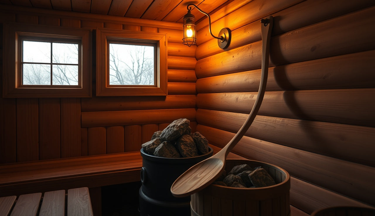 Inside a traditional Finnish sauna with wooden benches and heated rocks