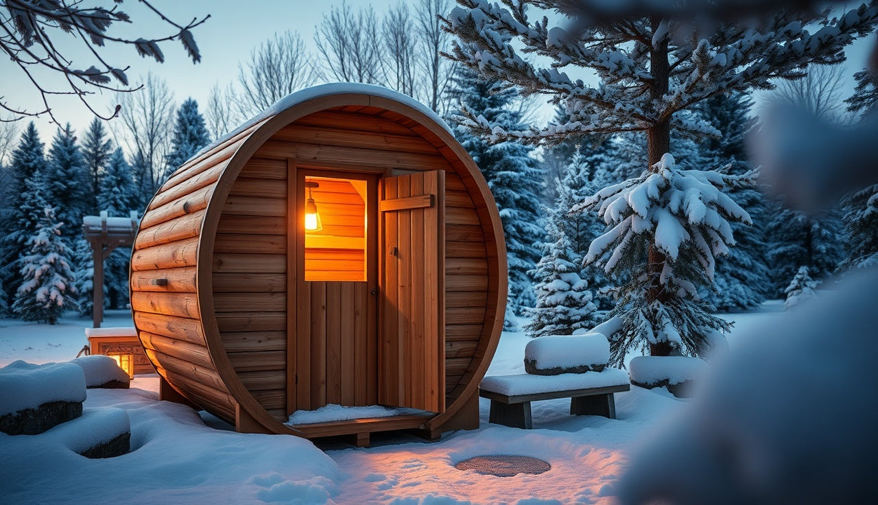 Cedar barrel home sauna glowing warmly in a snow-covered backyard at dusk