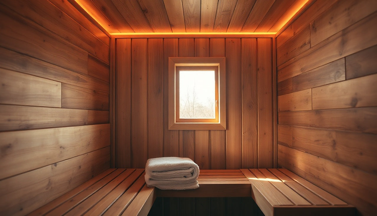 Warm cedar infrared sauna cabin interior with glowing carbon panel heaters and folded towel on bench