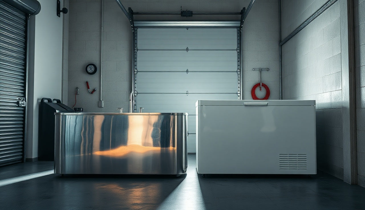 Chest freezer ice bath and dedicated cold plunge tub compared side by side in a garage gym