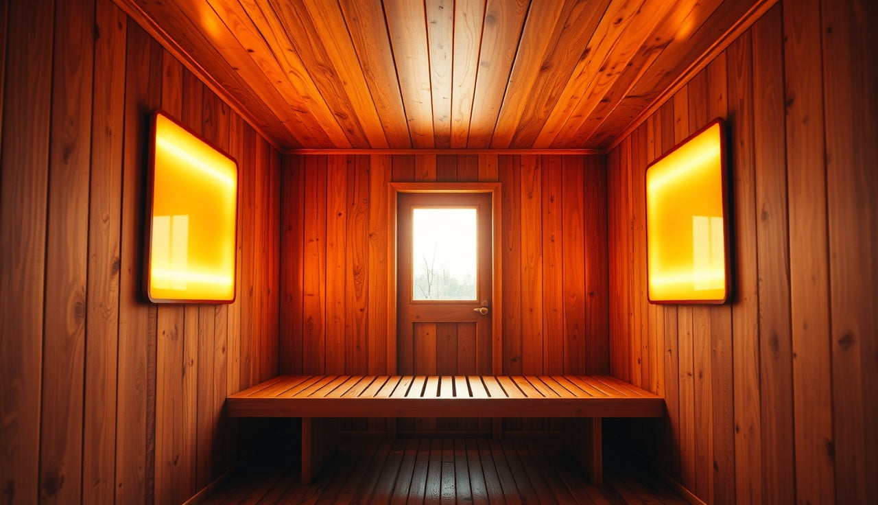 Wood-paneled infrared sauna cabin interior with glowing carbon panel heaters and empty cedar bench
