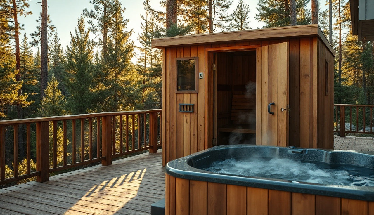 Outdoor sauna and cold plunge tub side by side on a cedar deck at sunset