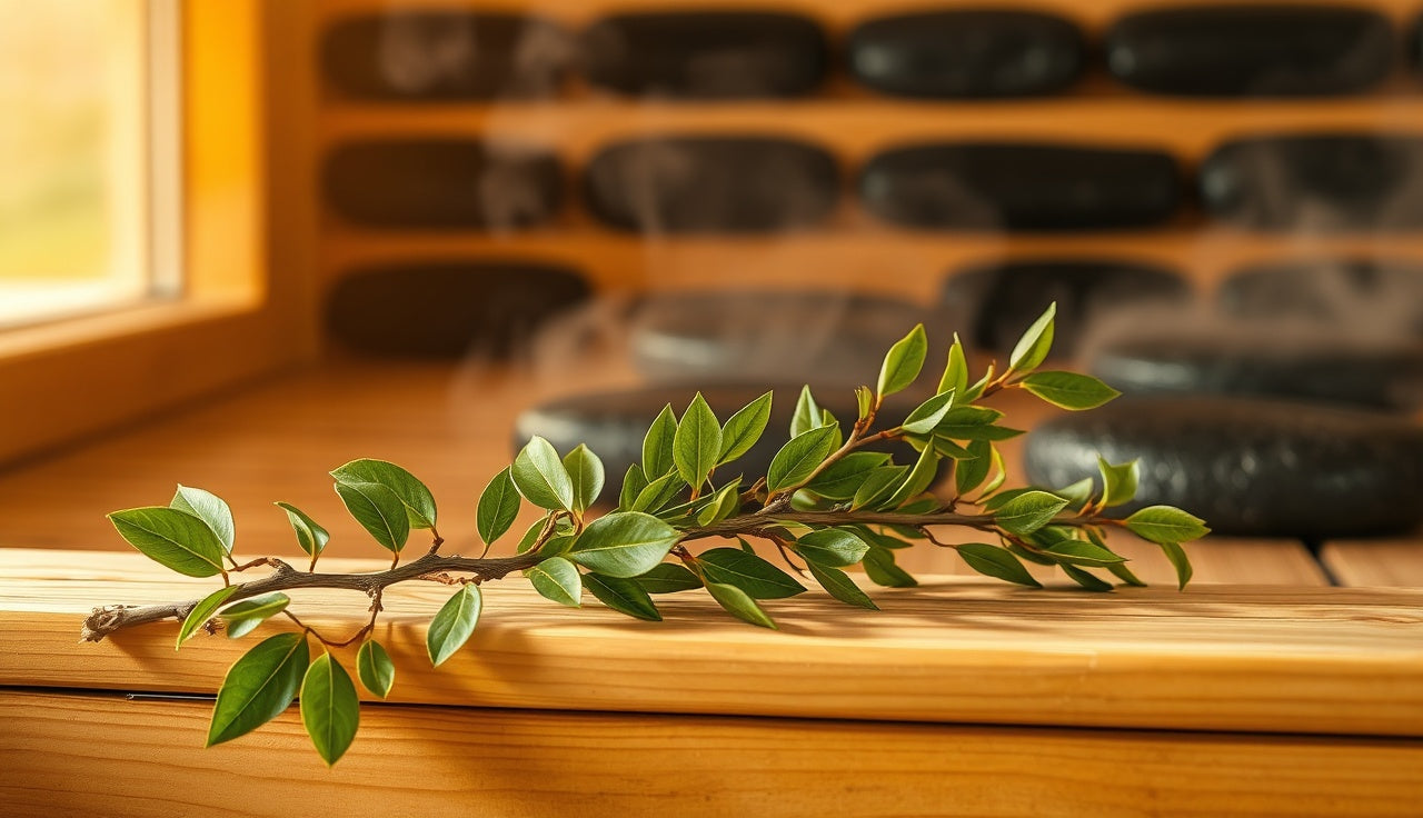 Fresh birch sauna whisk bundle resting on wooden bench with steam rising from sauna stones
