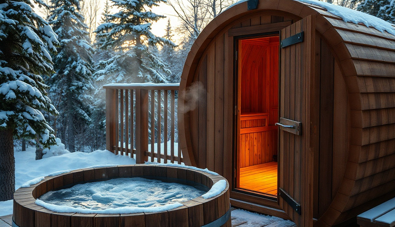 Outdoor barrel sauna and cold plunge tub side by side at dusk in snowy forest