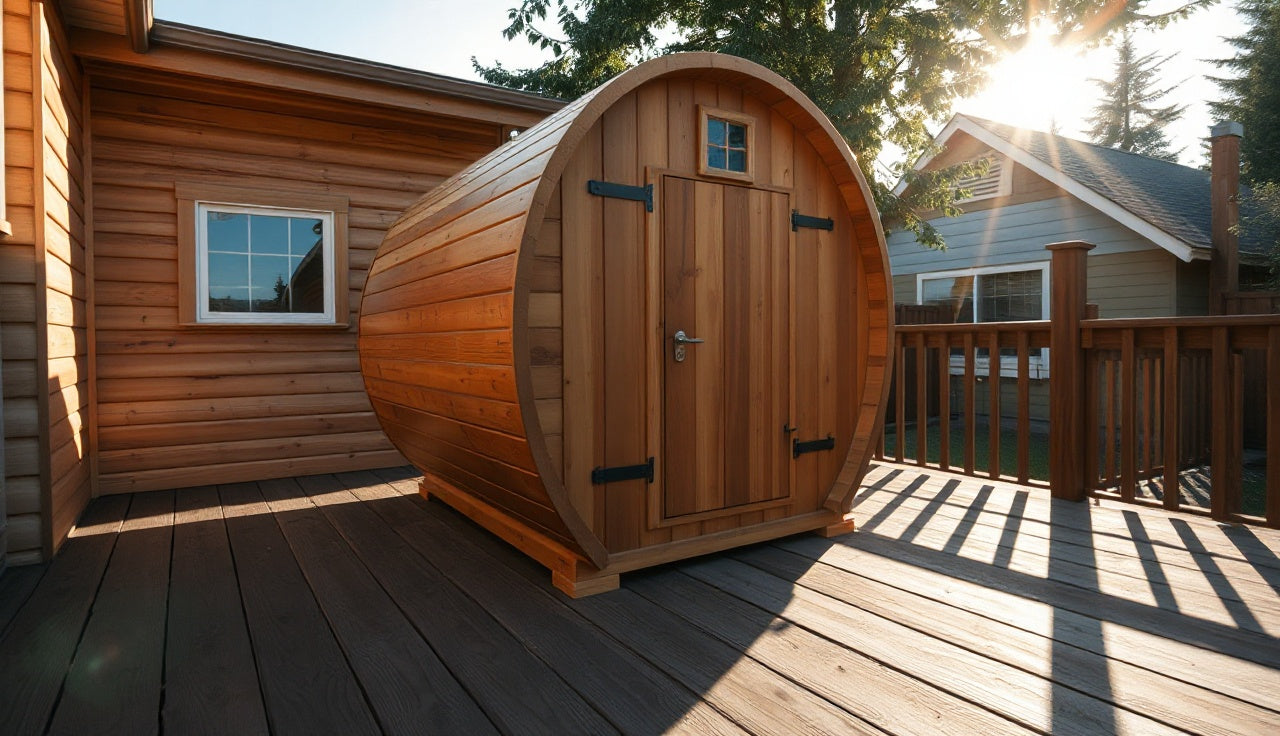 Cedar barrel sauna on a wooden backyard deck with framing visible below