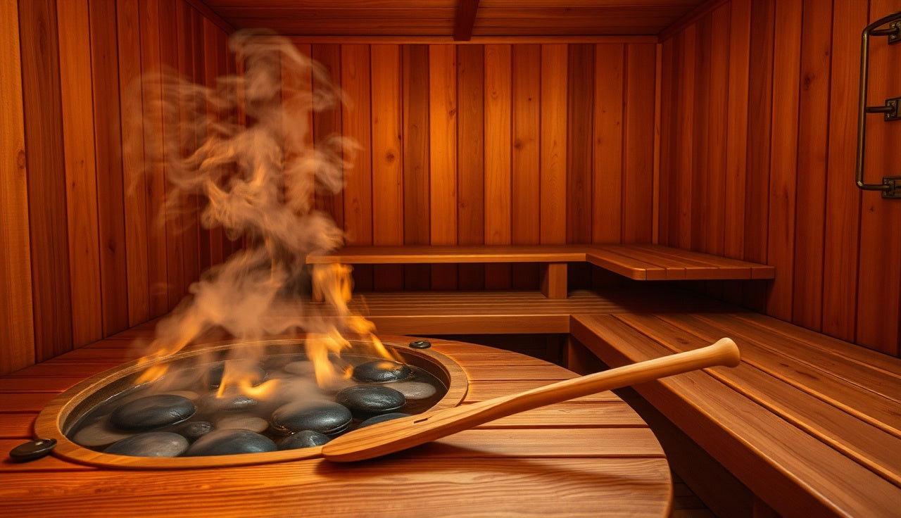 Steam rising from sauna stones in a warm cedar Finnish sauna interior