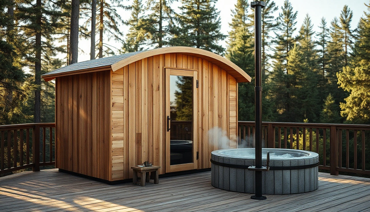 Cedar outdoor steam room pod on a deck with pine trees and cold plunge beside it