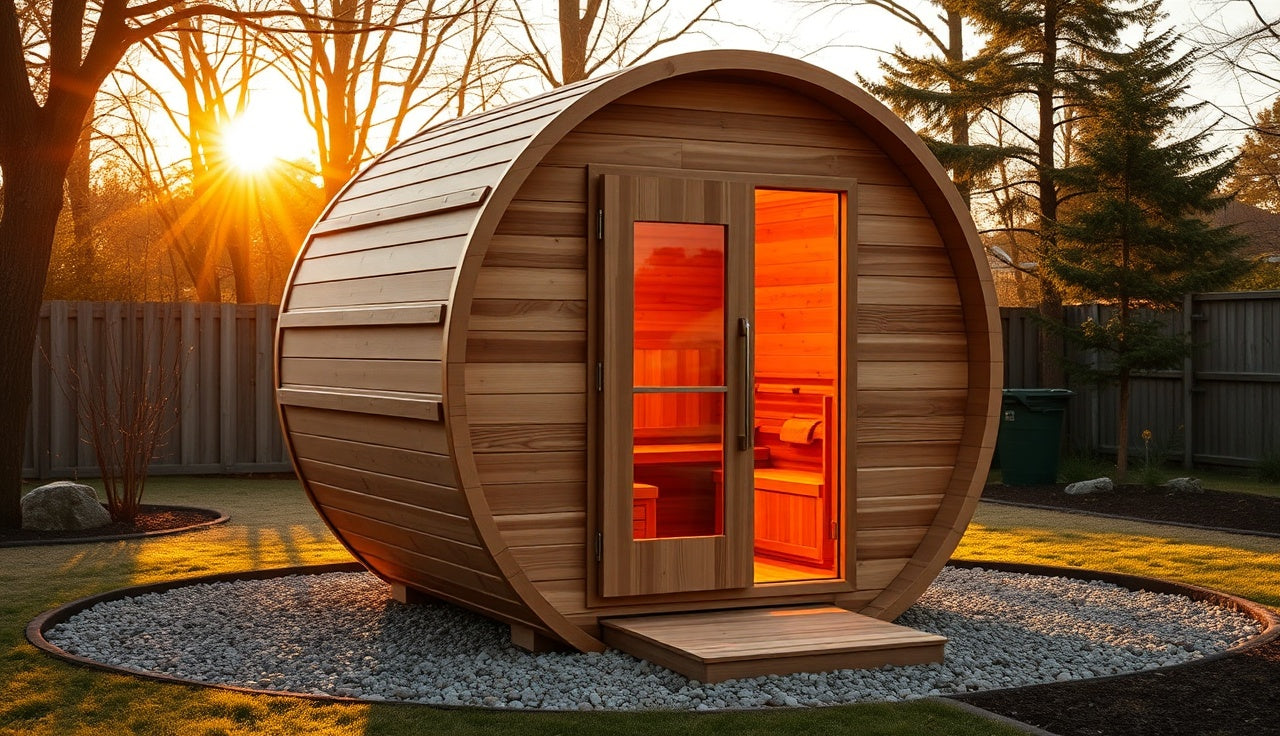 Cedar four-person barrel sauna on gravel pad glowing at golden hour outdoors