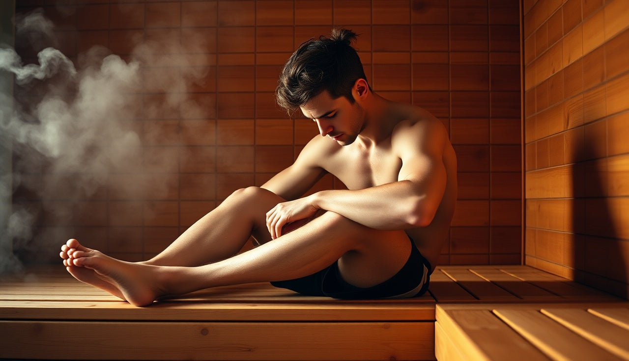 Athlete resting on wooden sauna bench during post-workout heat recovery session