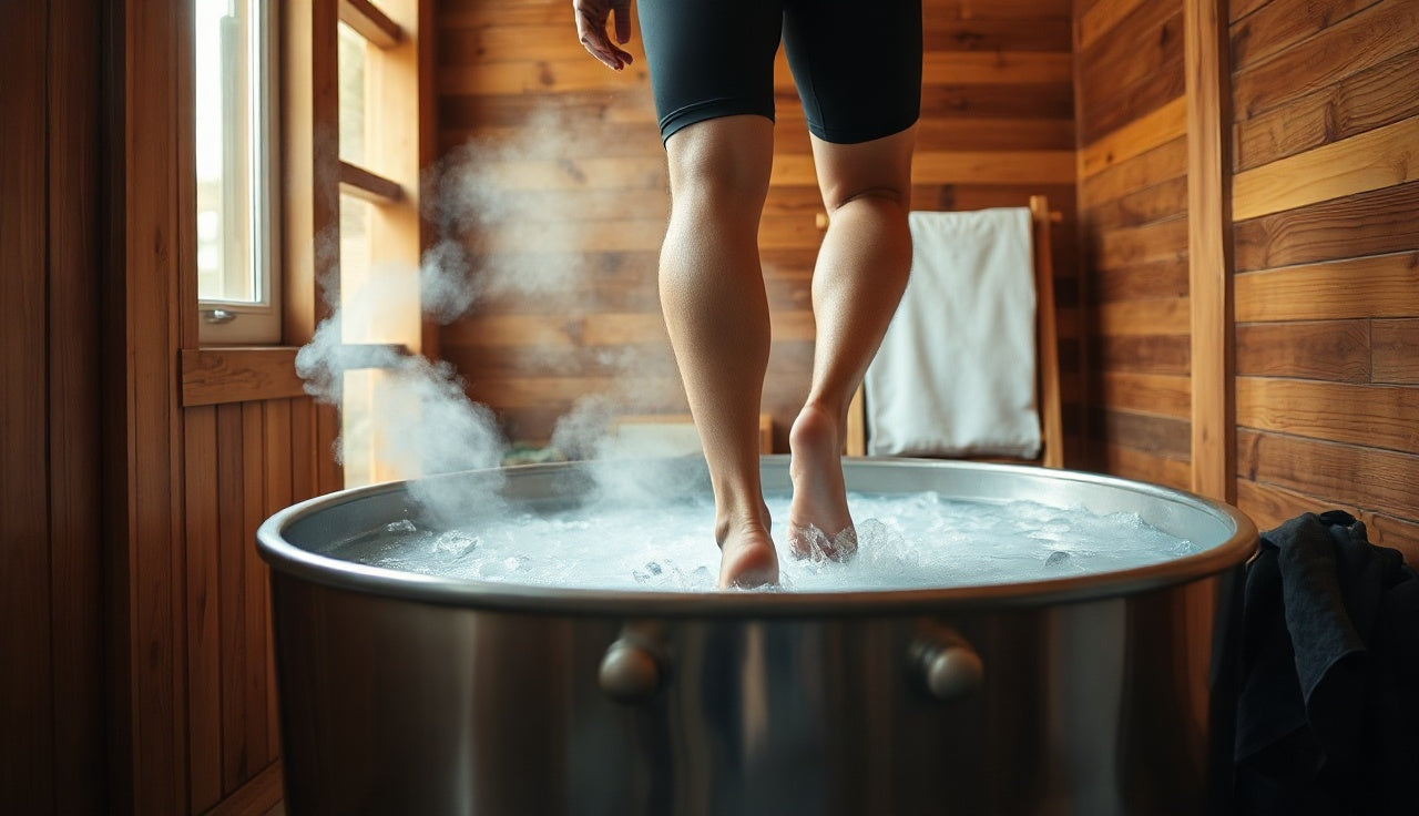 Person stepping into icy cold plunge tub for muscle soreness recovery at home