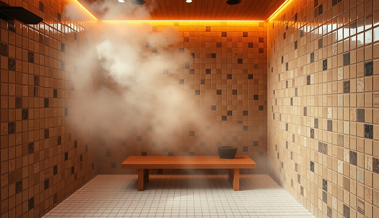 Warm misty interior of a home steam room with tiled walls and wooden bench
