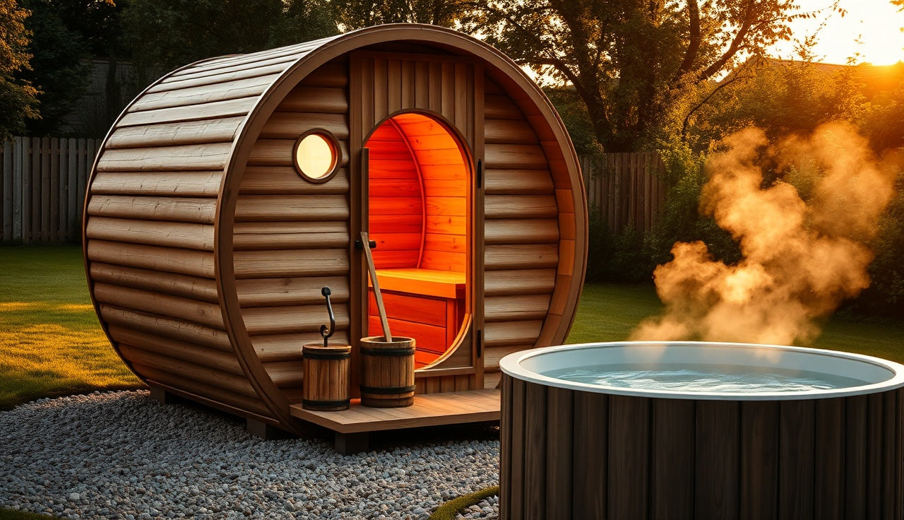 Cedar barrel sauna house in a backyard at golden hour with cold plunge nearby