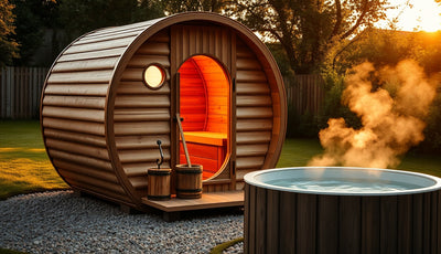 Cedar barrel sauna house in a backyard at golden hour with cold plunge nearby