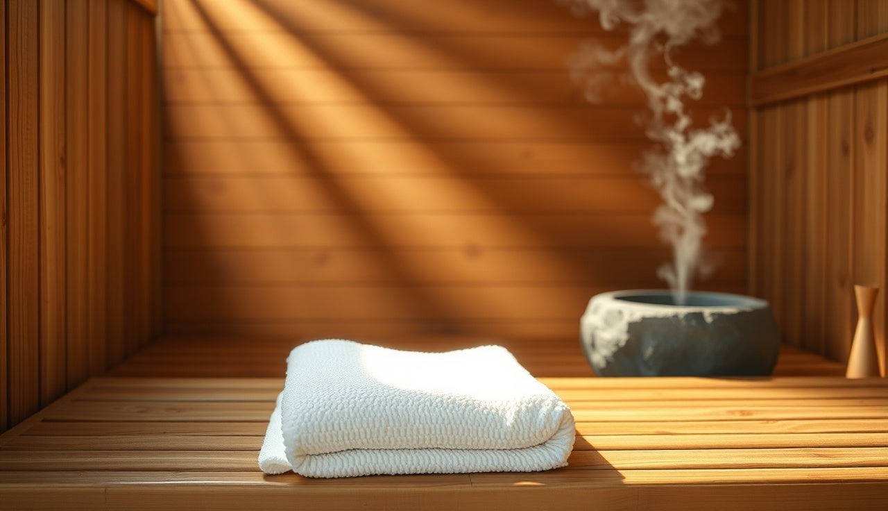 Steam rising inside a wooden home sauna with a cedar bench and stone heater
