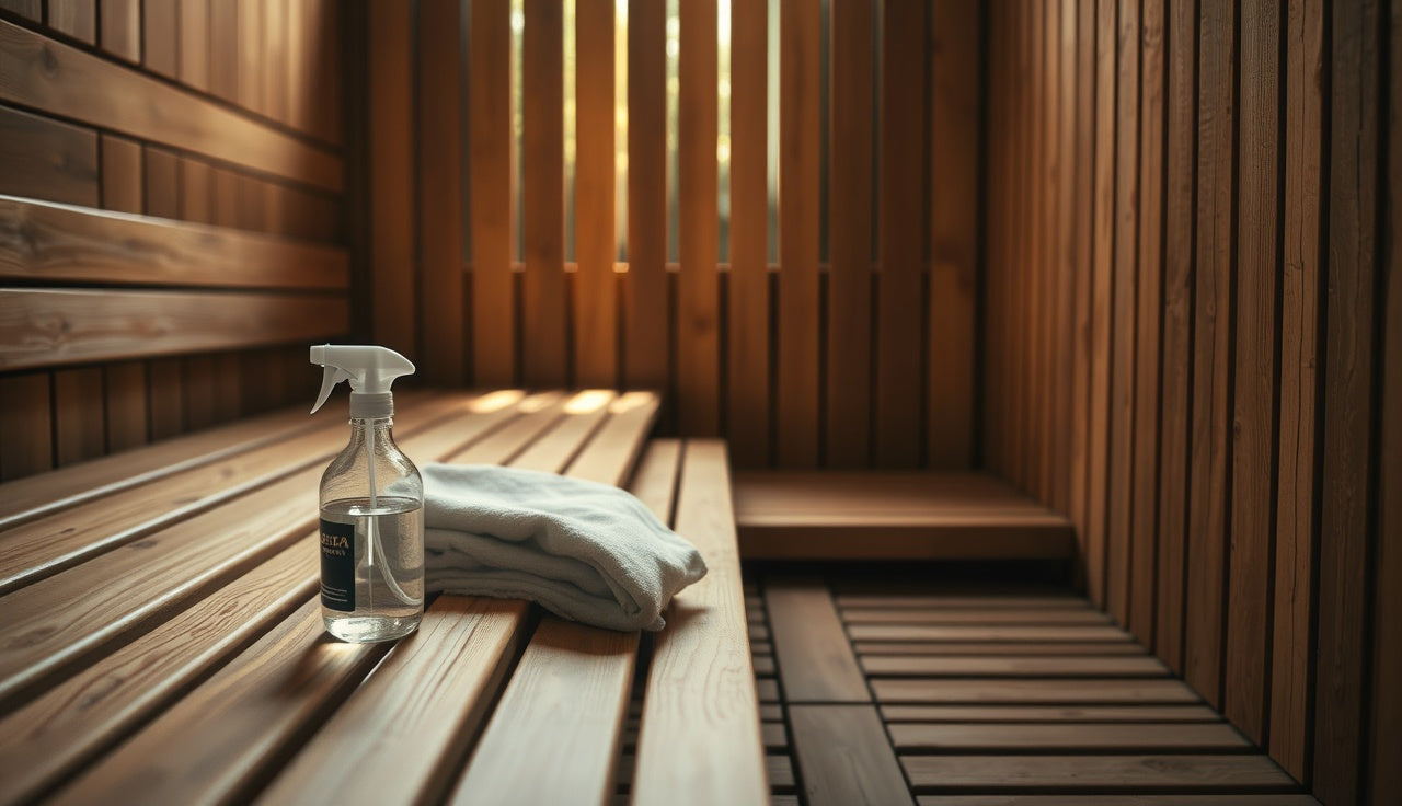 Homemade sauna wood cleaner spray bottle and cloth on cedar bench