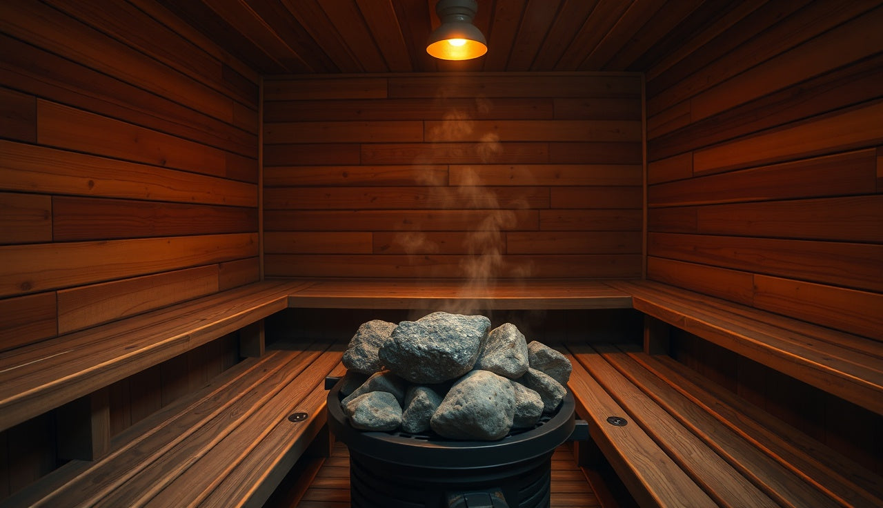 Warm wooden sauna interior with steam rising from hot rocks on heater