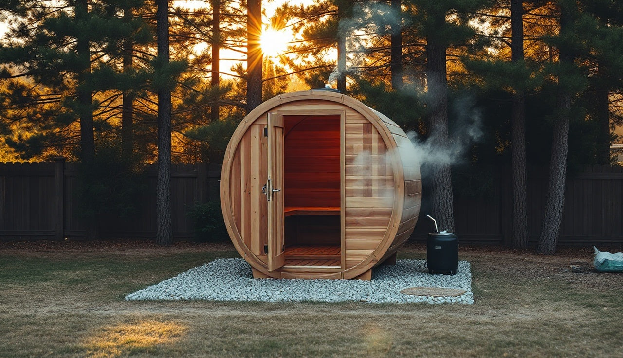 Cedar barrel sauna for one to two people outdoors with open door and steam