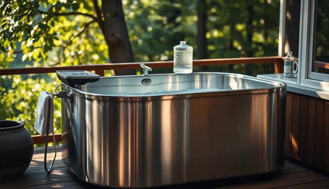 Stainless cold plunge tub with chiller unit on shaded outdoor wooden deck