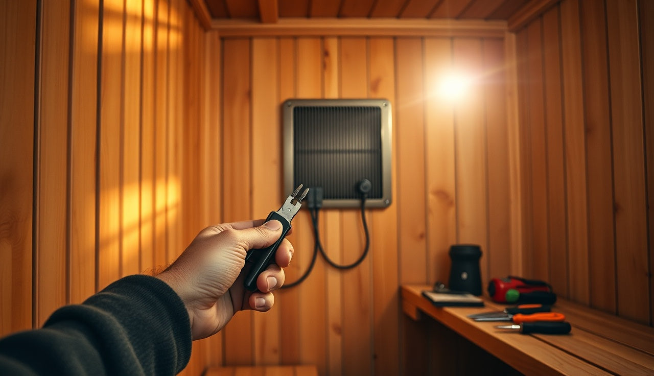 Electrician extending infrared sauna panel lead wire inside cedar cabin