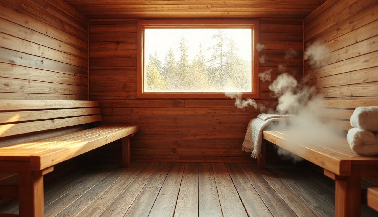 Side-by-side infrared sauna and steam room interiors showing contrasting heat environments