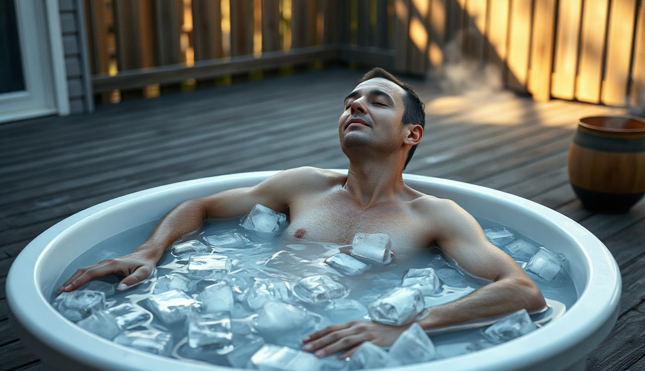 Person sitting calmly in an outdoor ice bath filled with ice and cold water