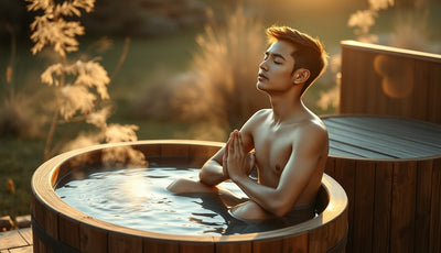 Person doing breathwork beside an outdoor cold plunge tub at dawn