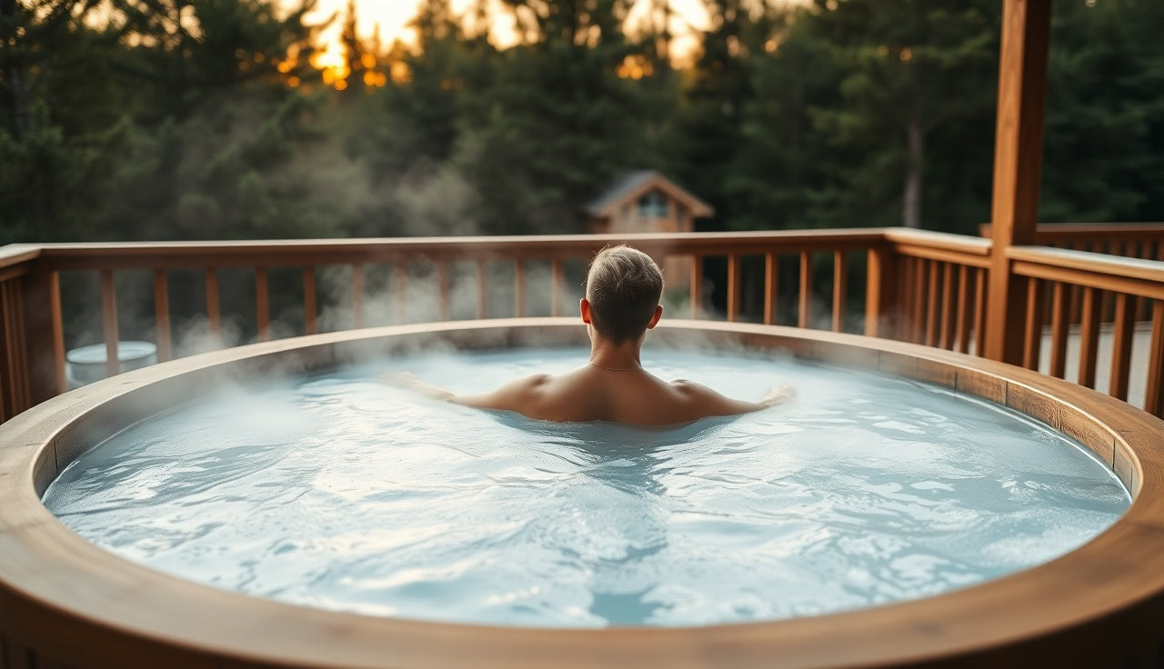 Person seated in outdoor cold plunge tub with steam rising off cold water surface