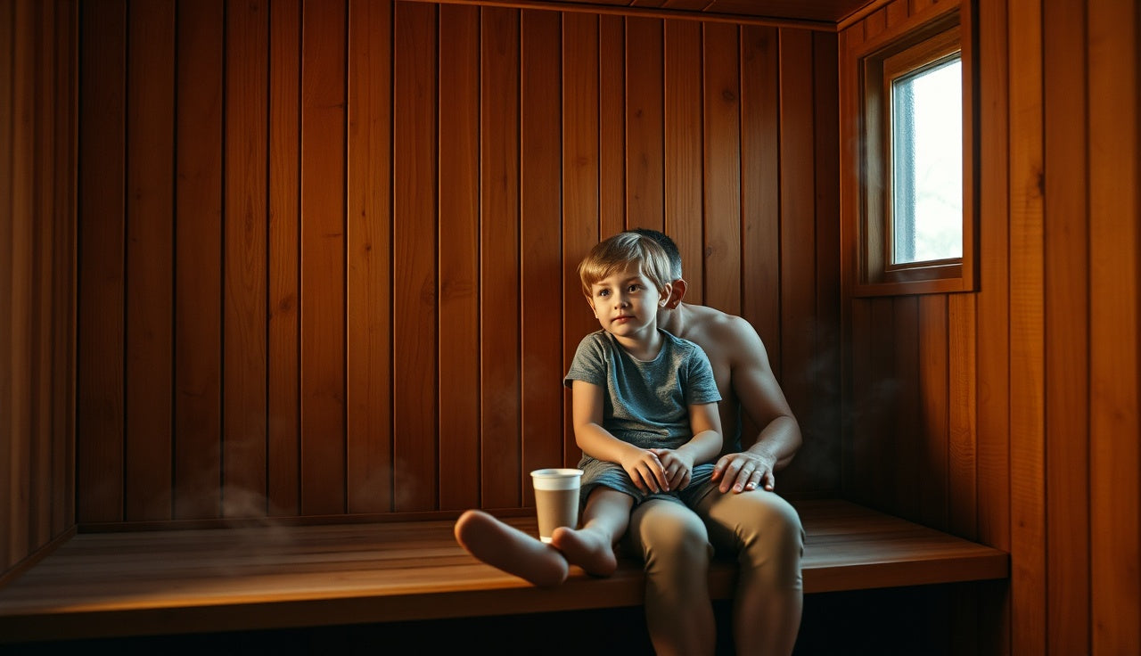 Parent and young child sitting on lower bench inside a wooden home sauna