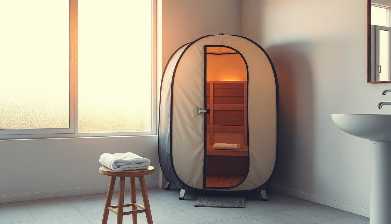 Portable steam sauna tent in a bright home bathroom with morning light