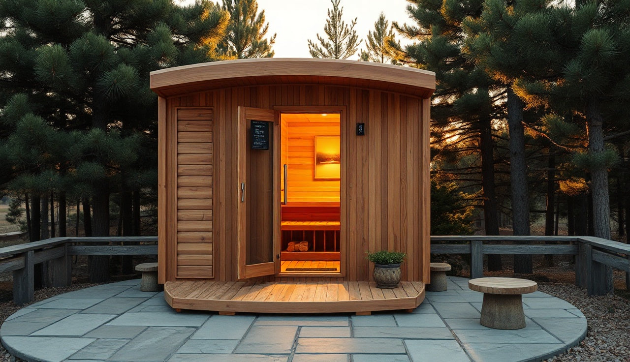 Outdoor infrared sauna cabin on stone patio surrounded by pine trees at golden hour
