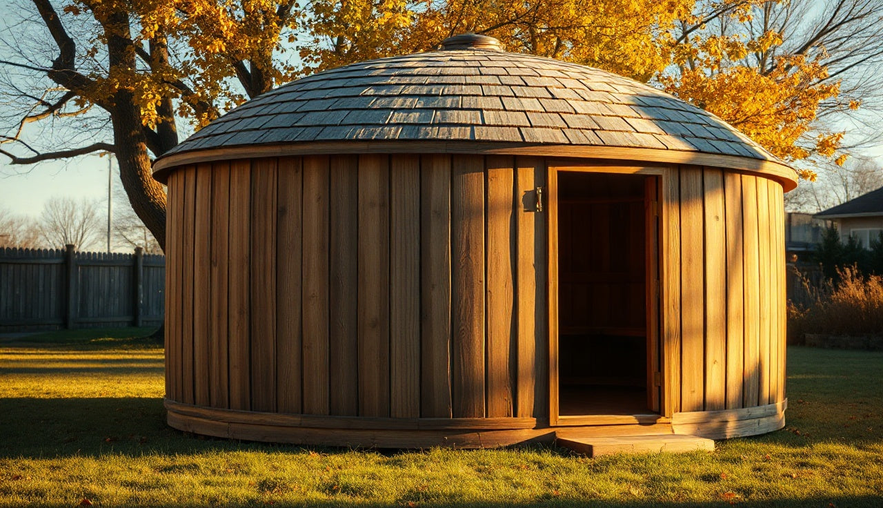 Cedar barrel sauna with wooden shingle roof on a lawn in autumn morning light