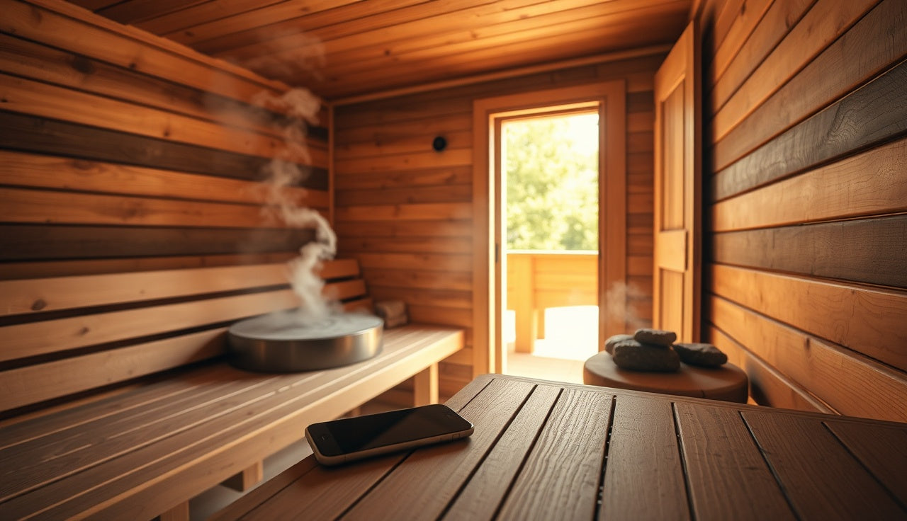 Phone left outside a hot wooden sauna with steam visible inside