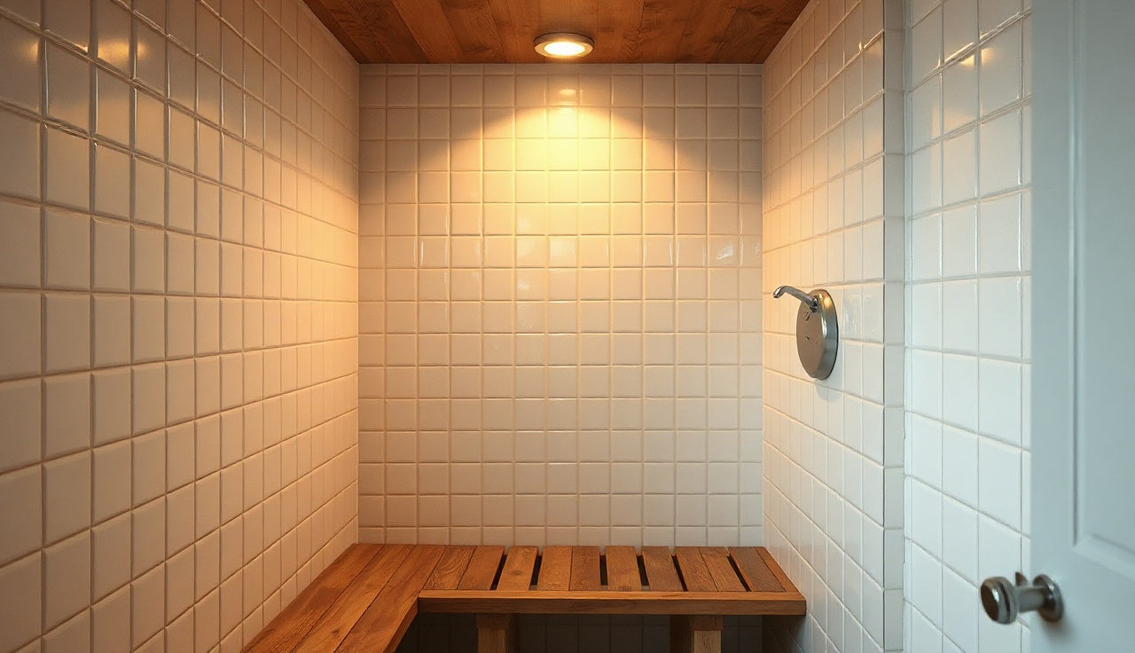 Personal home steam room with tiled walls and wooden bench filled with steam