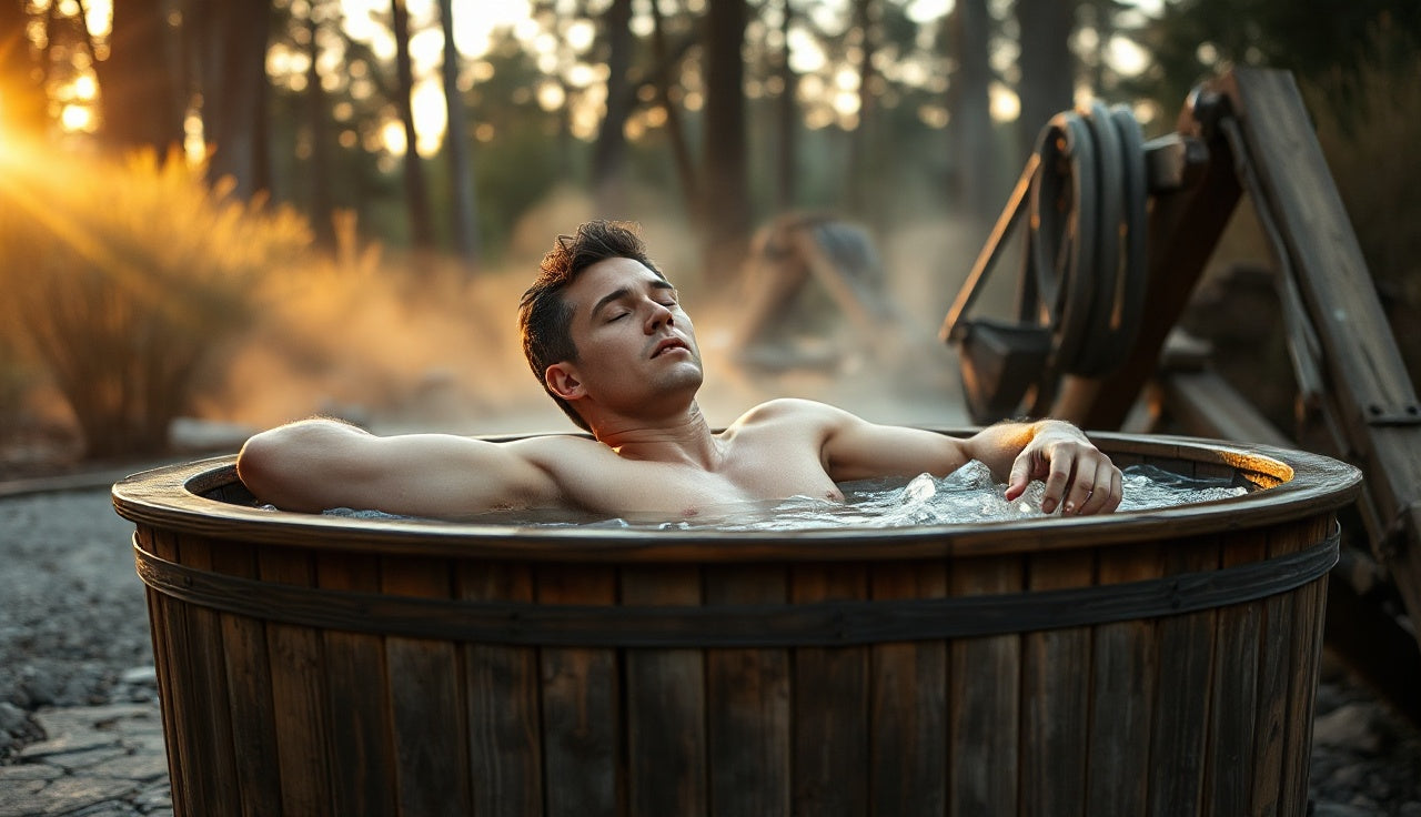 Athlete sitting in an outdoor ice bath tub in morning fog