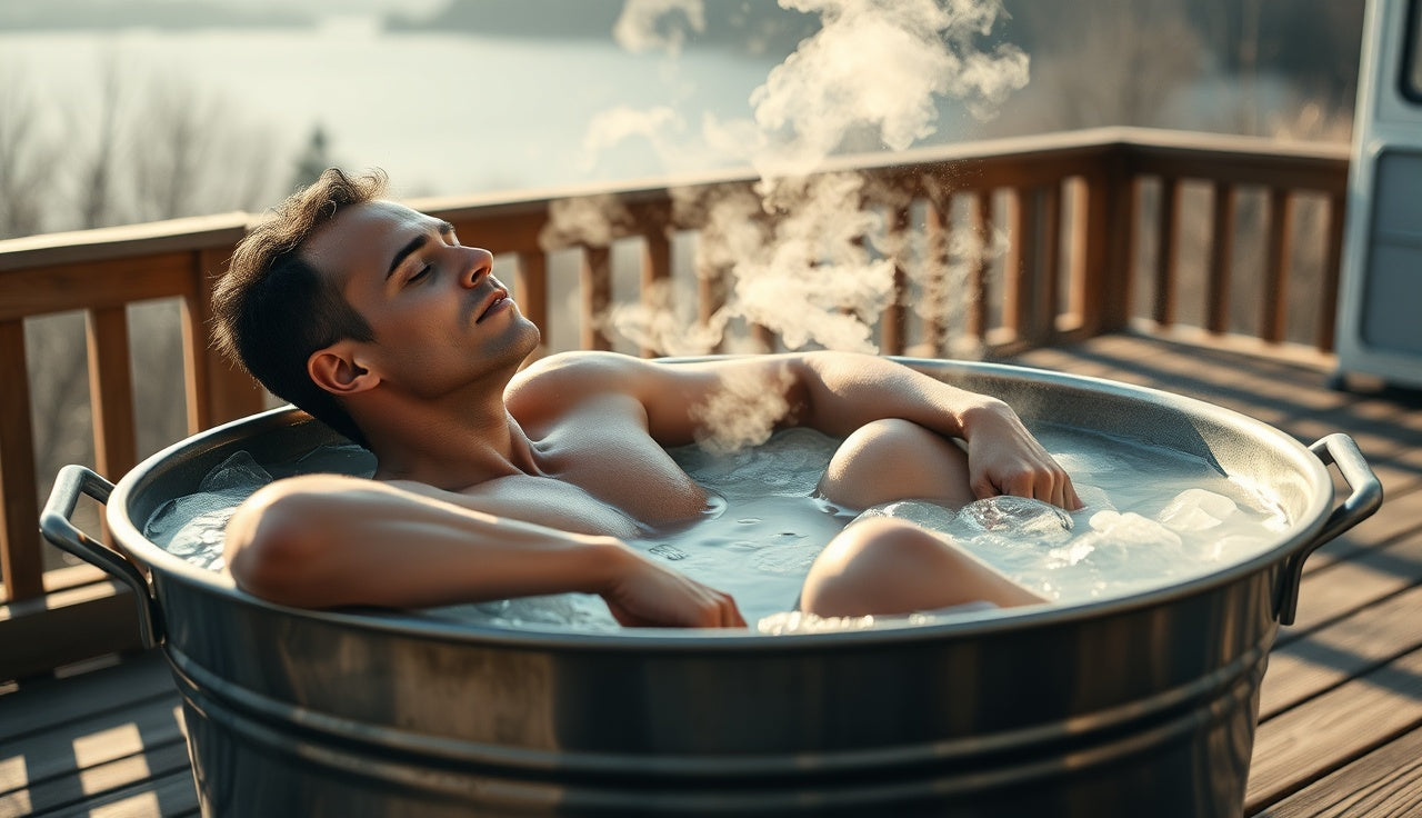 Athlete sitting in an outdoor ice bath tub after a workout in morning light