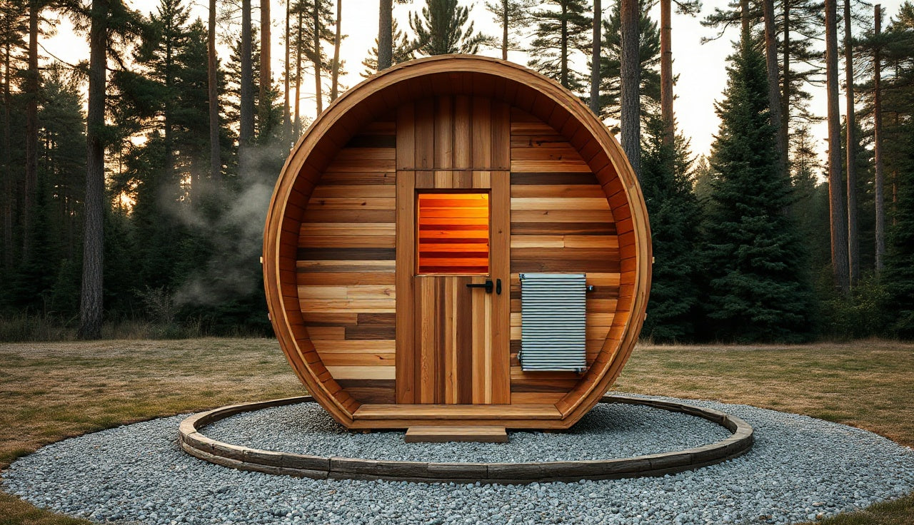 Large cedar 6-person barrel sauna glowing with warm interior light in a forested backyard