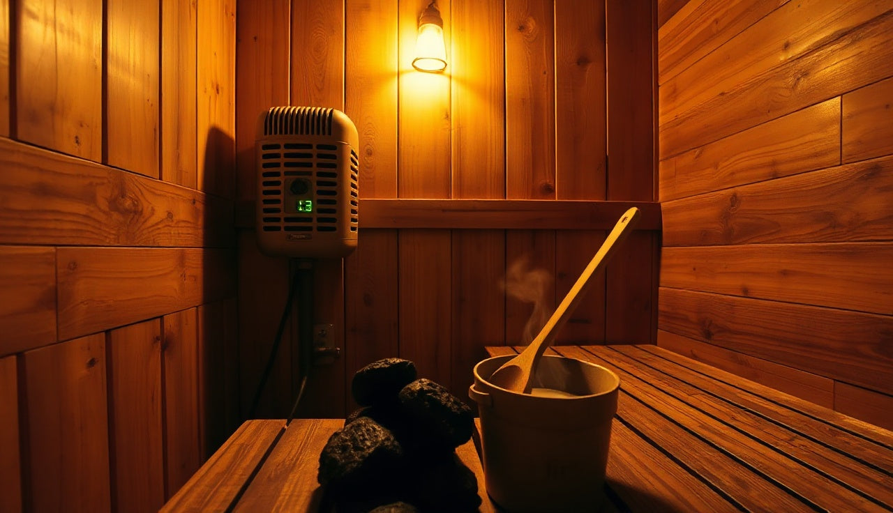 Cedar sauna interior with electric rock heater glowing at 180 degrees Fahrenheit
