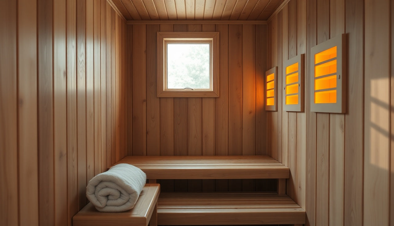 Cedar infrared sauna interior with warm amber heater glow and a folded towel on the bench