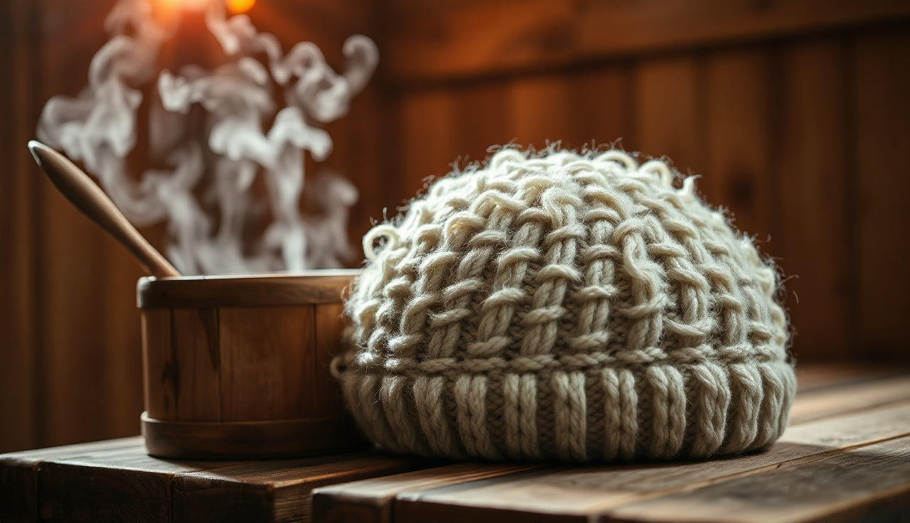 Thick felted wool sauna hat on a wooden sauna bench with steam visible