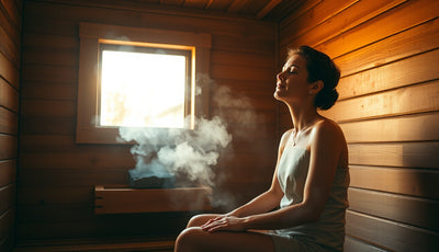 Person meditating with eyes closed on wooden sauna bench in warm amber light