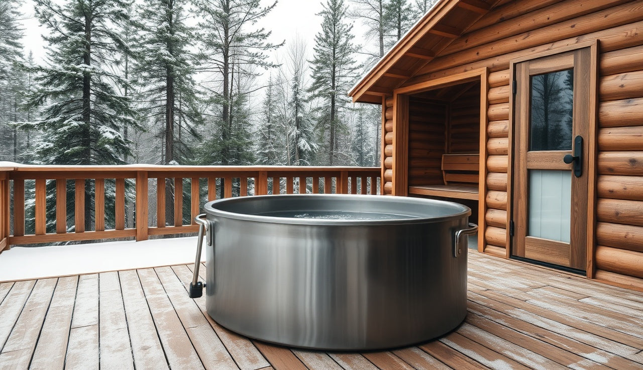 Stainless steel outdoor cold plunge tub next to a wooden sauna on a frost-covered deck