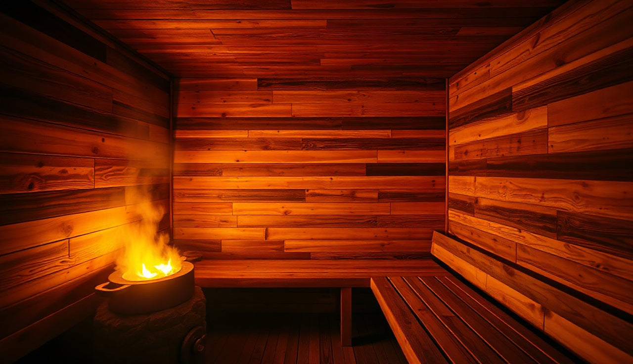 Wood-lined indoor sauna with rock heater and warm amber light