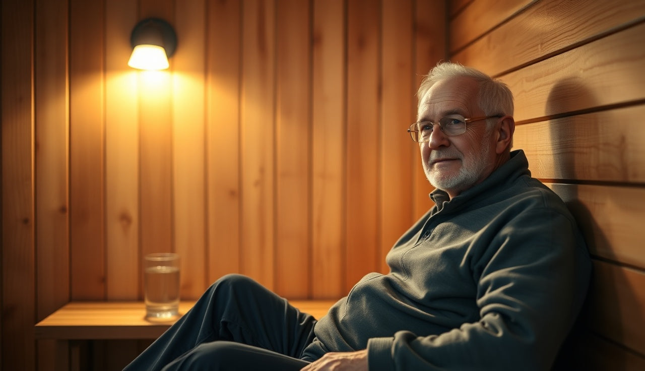 Elderly man resting on a wooden sauna bench with water glass nearby