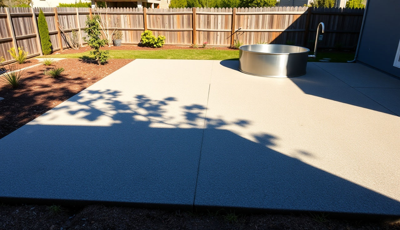Broom-finish concrete pad with a stainless cold plunge tub outdoors in morning light